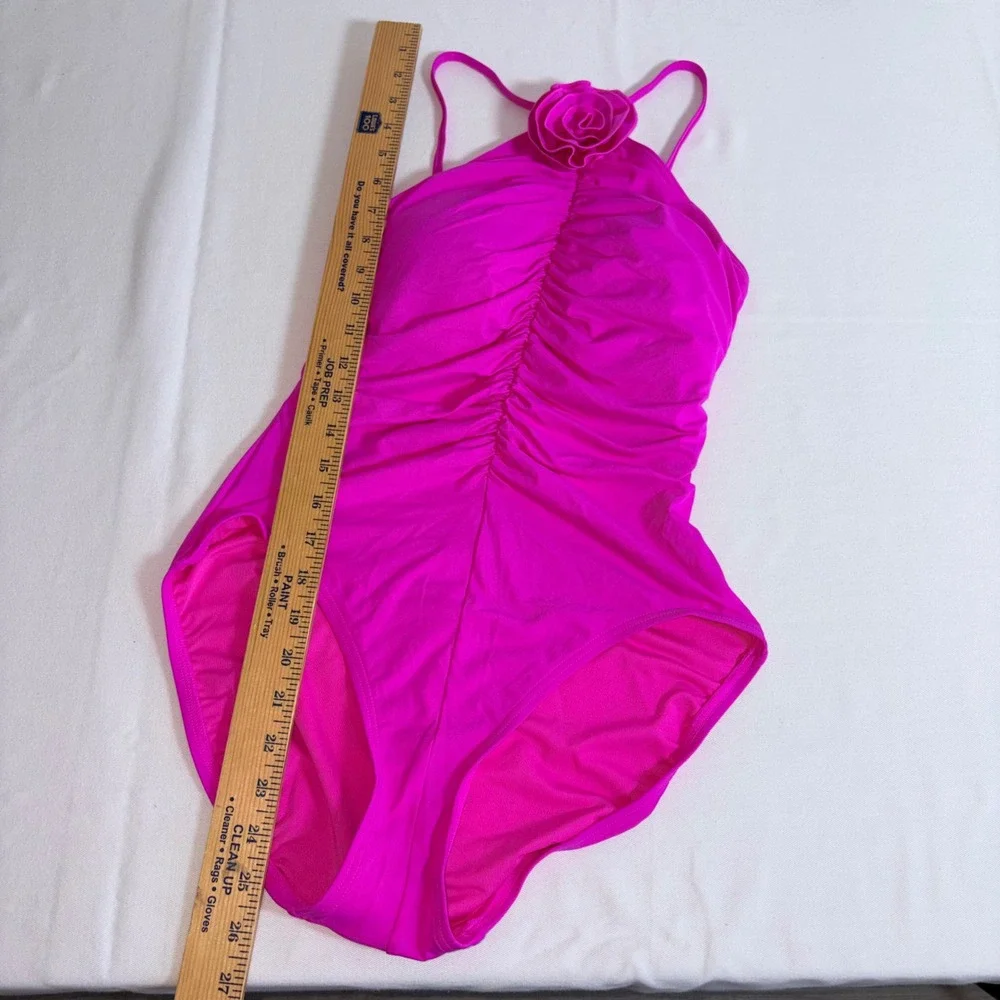 Kate Spade one Piece Swimsuit Medium snap dragon New Ruched Rosette High Neck